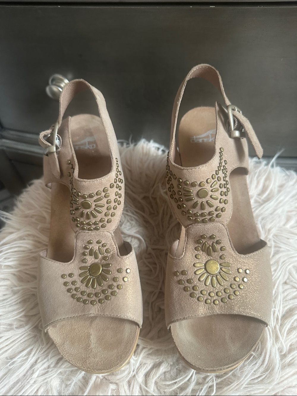 Dansko Beige Suede Open-Toe Sandals with Gold Stud Detailing